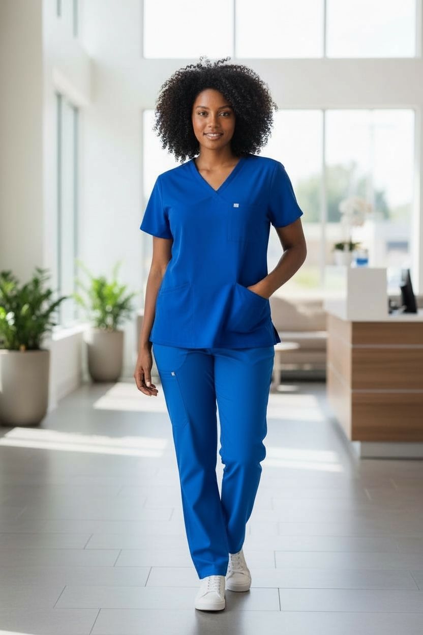 Person wearing blue scrubs in a modern indoor setting