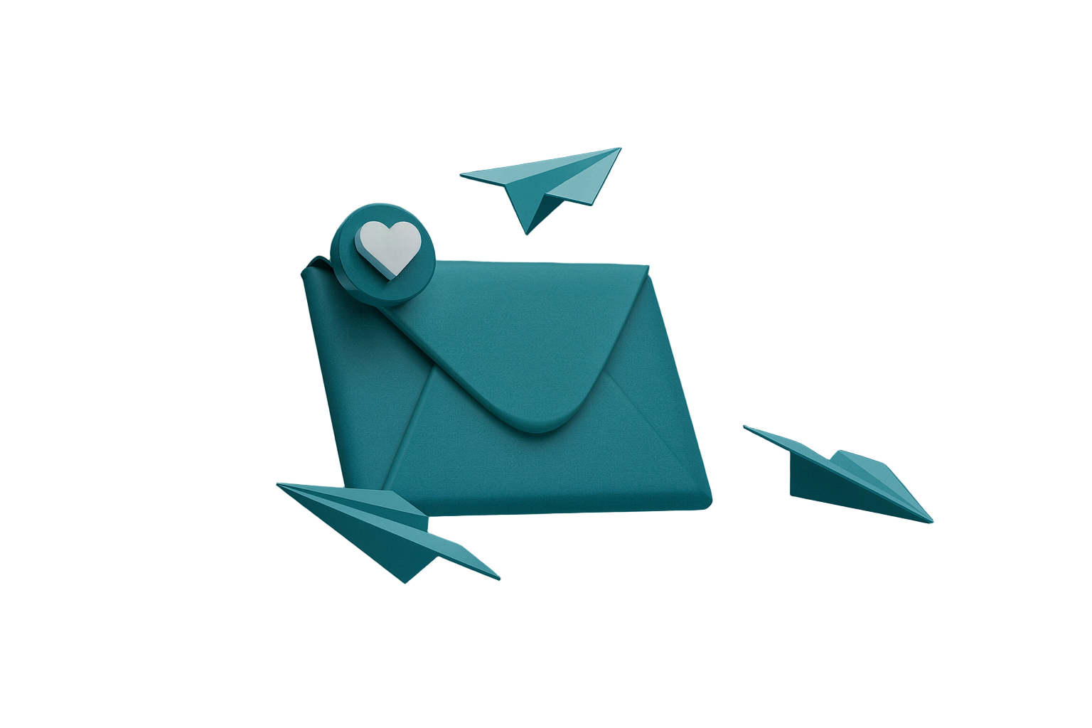 Teal envelope with paper airplanes and a heart on a teal background