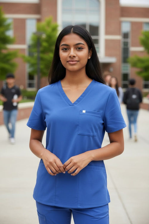 Person wearing blue scrubs standing outdoors with a building and people in the background