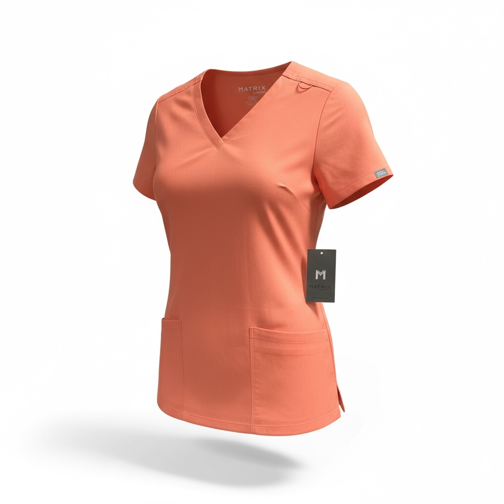 Orange scrub top with a tag on a white background